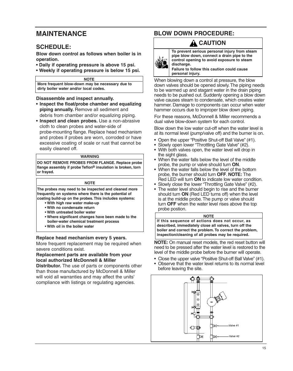 Maintenance, Blow down procedure, Caution | Schedule | Xylem MM 414B Series 150E and 157E Low Water Cut-Off/Pump Controllers For Steam Boilers and Other Level Control Applications User Manual | Page 15 / 16