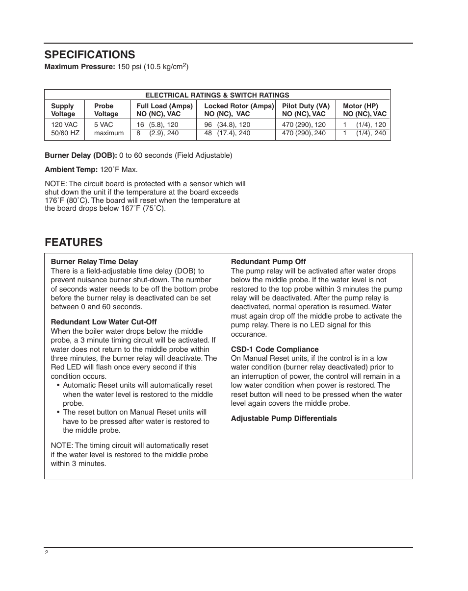 Specifications, Features | Xylem MM 414B Series 150E and 157E Low Water Cut-Off/Pump Controllers For Steam Boilers and Other Level Control Applications User Manual | Page 2 / 16