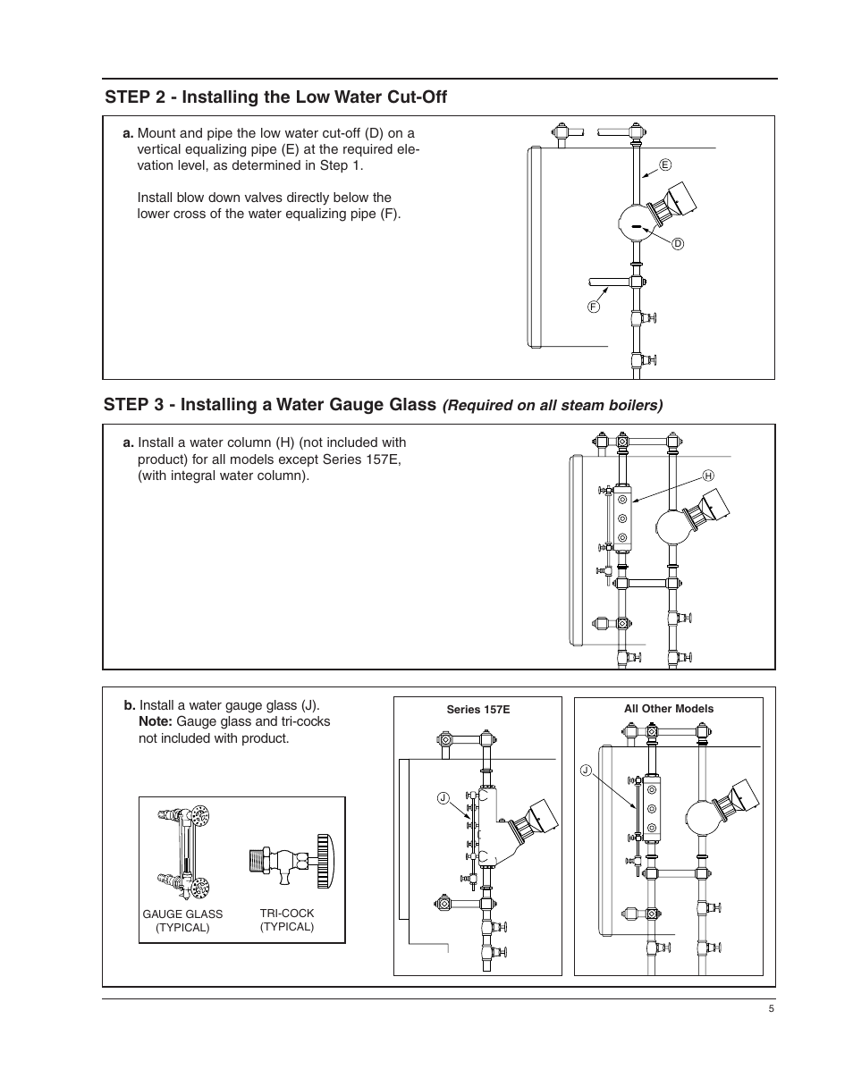 Step 2 - installing the low water cut-off, Step 3 - installing a water gauge glass | Xylem MM 414B Series 150E and 157E Low Water Cut-Off/Pump Controllers For Steam Boilers and Other Level Control Applications User Manual | Page 5 / 16
