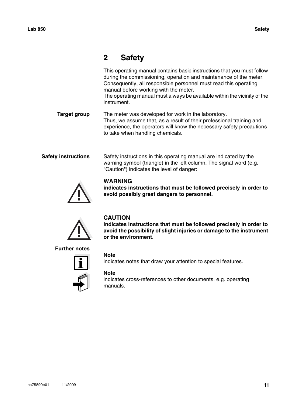 2 safety, Safety, 2safety | Xylem Lab 850, starting from serial number 09470315 User Manual | Page 11 / 73