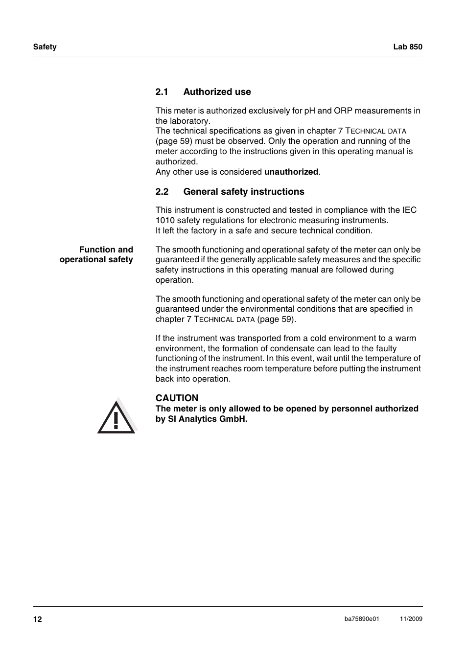 1 authorized use, 2 general safety instructions, Authorized use | General safety instructions | Xylem Lab 850, starting from serial number 09470315 User Manual | Page 12 / 73