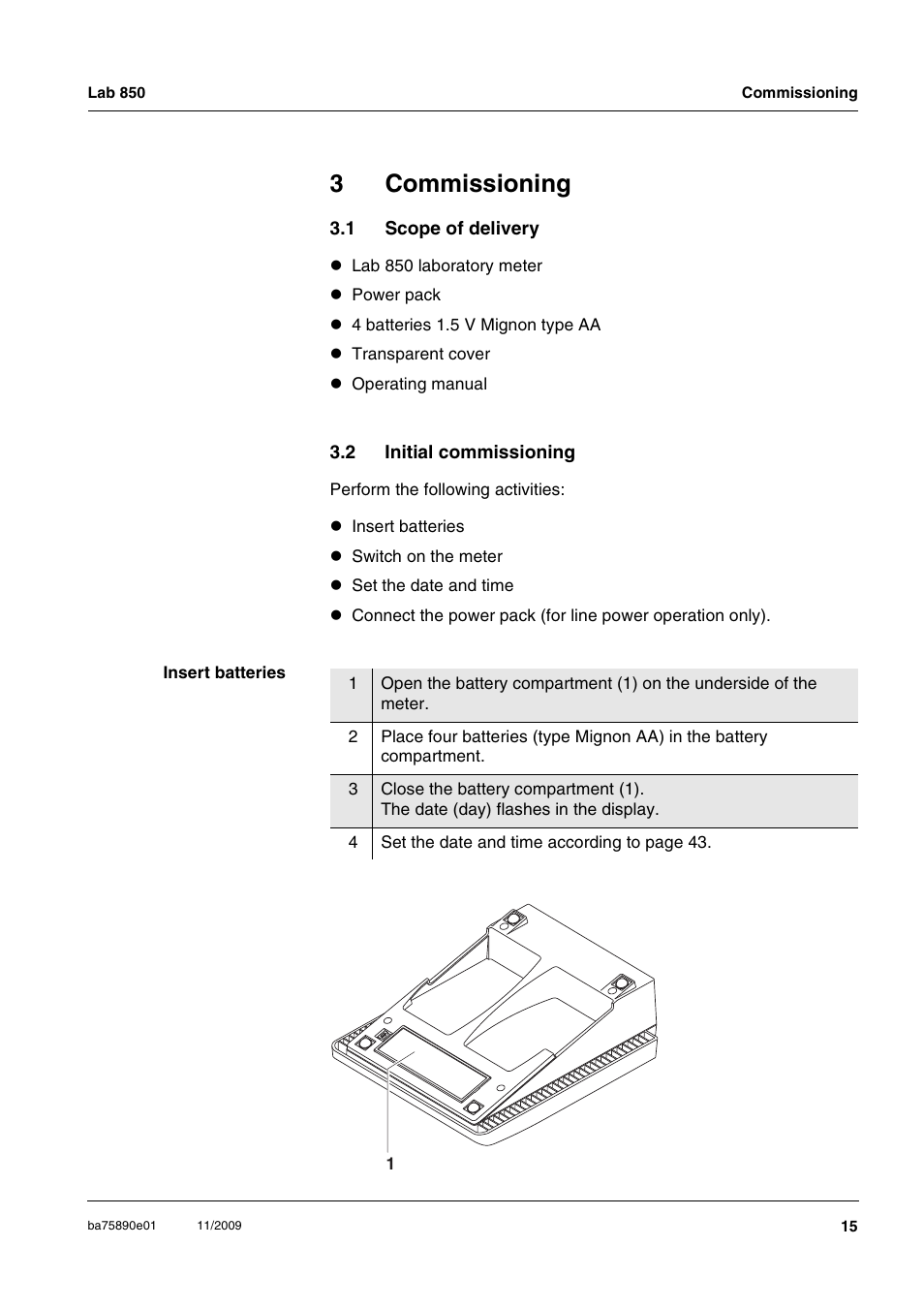 3 commissioning, 1 scope of delivery, 2 initial commissioning | Commissioning, Scope of delivery, Initial commissioning, 3commissioning | Xylem Lab 850, starting from serial number 09470315 User Manual | Page 15 / 73