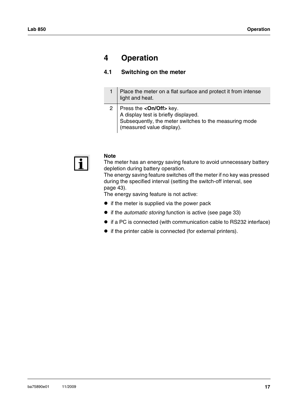 4 operation, 1 switching on the meter, Operation | Switching on the meter, 4operation | Xylem Lab 850, starting from serial number 09470315 User Manual | Page 17 / 73
