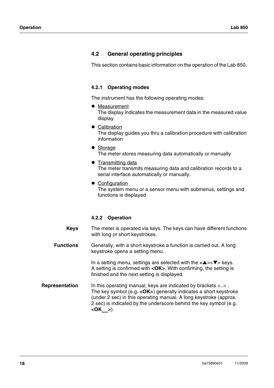 2 general operating principles, 1 operating modes, 2 operation | General operating principles 4.2.1, Operating modes, Operation | Xylem Lab 850, starting from serial number 09470315 User Manual | Page 18 / 73