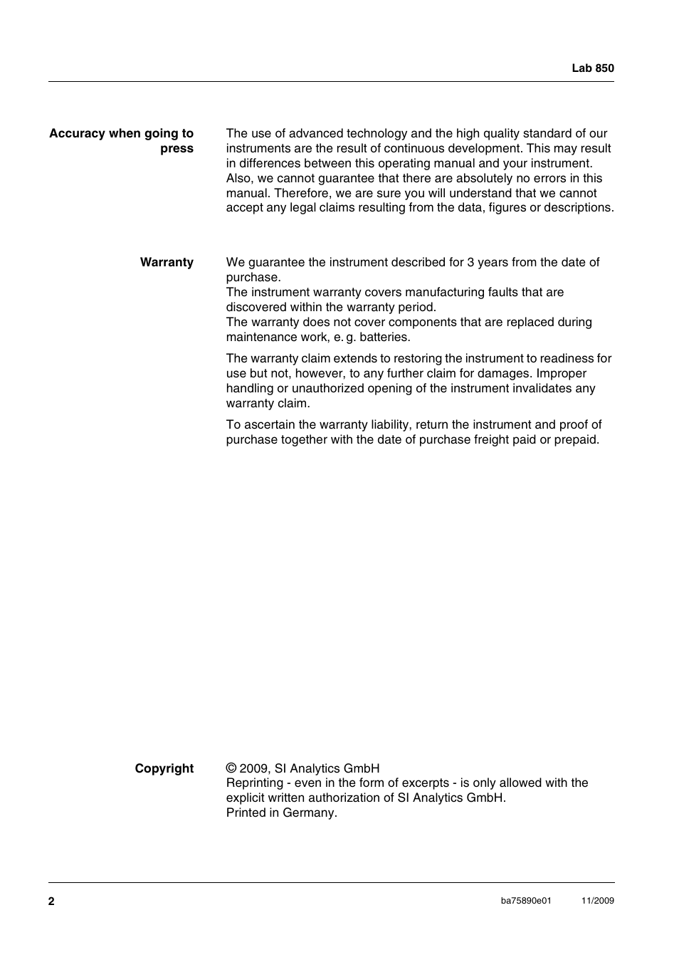 Xylem Lab 850, starting from serial number 09470315 User Manual | Page 2 / 73