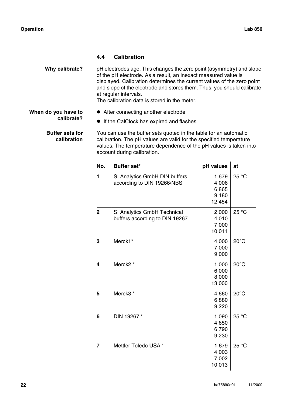 4 calibration, Calibration | Xylem Lab 850, starting from serial number 09470315 User Manual | Page 22 / 73