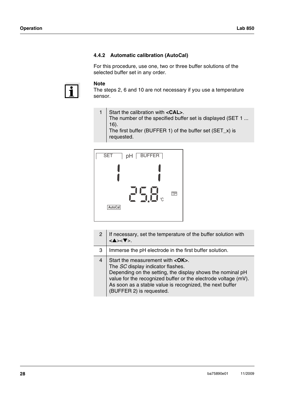 2 automatic calibration (autocal), Automatic calibration (autocal) | Xylem Lab 850, starting from serial number 09470315 User Manual | Page 28 / 73