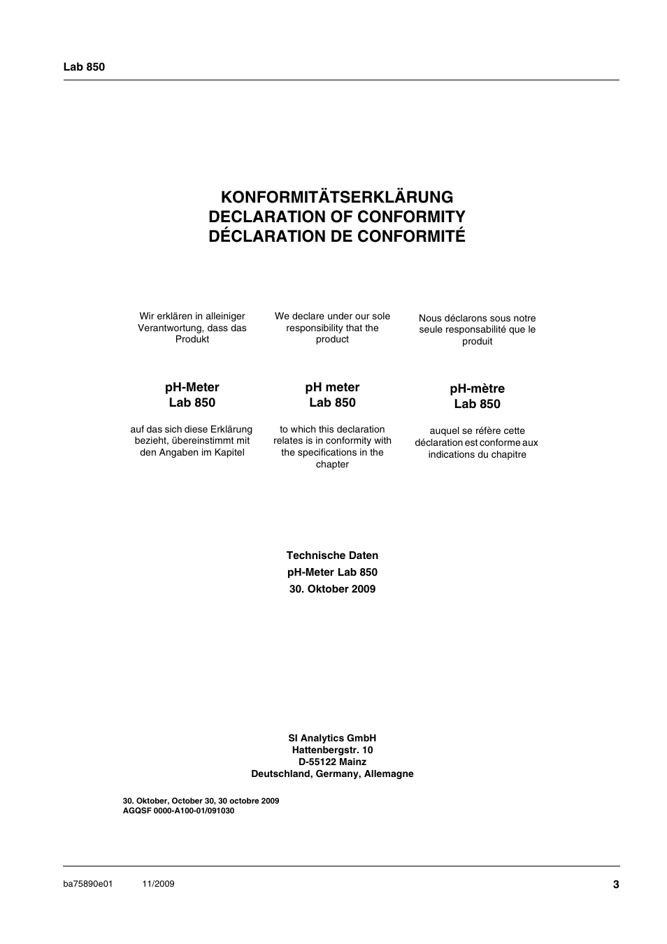 Xylem Lab 850, starting from serial number 09470315 User Manual | Page 3 / 73