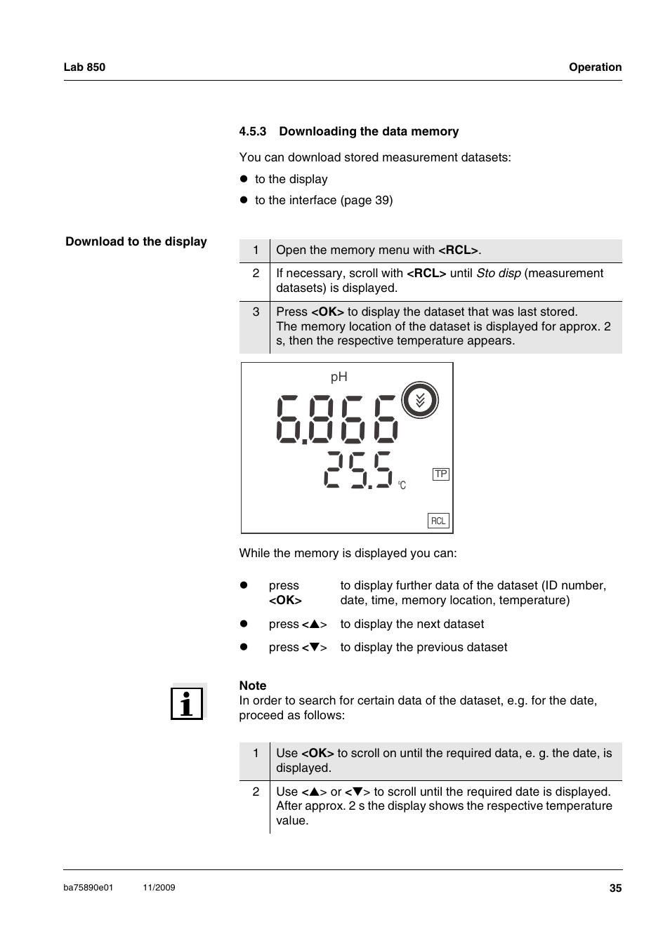 3 downloading the data memory, Downloading the data memory | Xylem Lab 850, starting from serial number 09470315 User Manual | Page 35 / 73