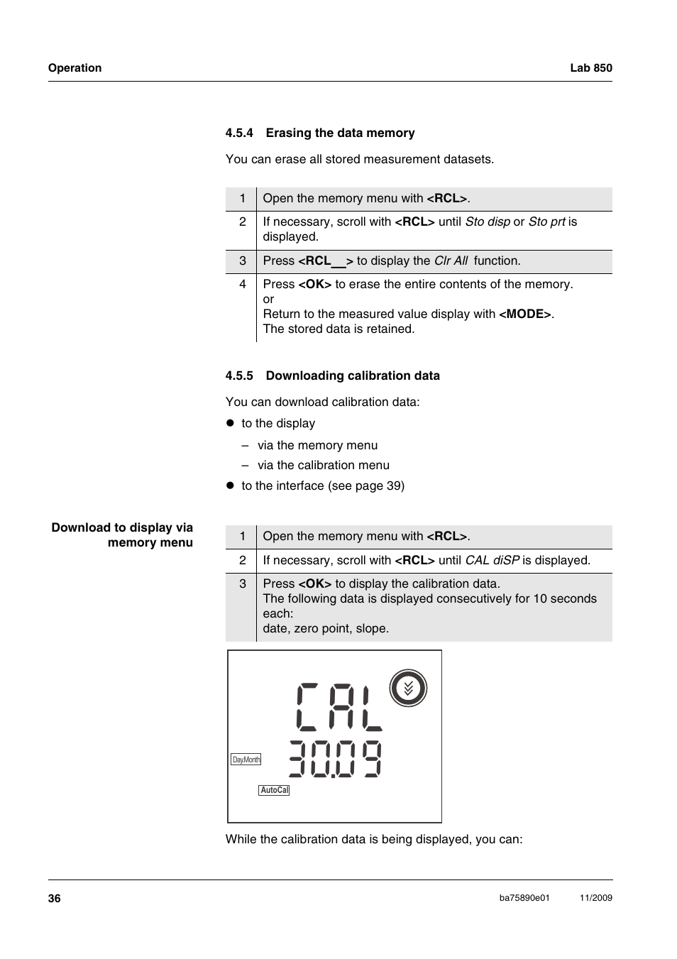 4 erasing the data memory, 5 downloading calibration data, Erasing the data memory | Downloading calibration data, La c | Xylem Lab 850, starting from serial number 09470315 User Manual | Page 36 / 73