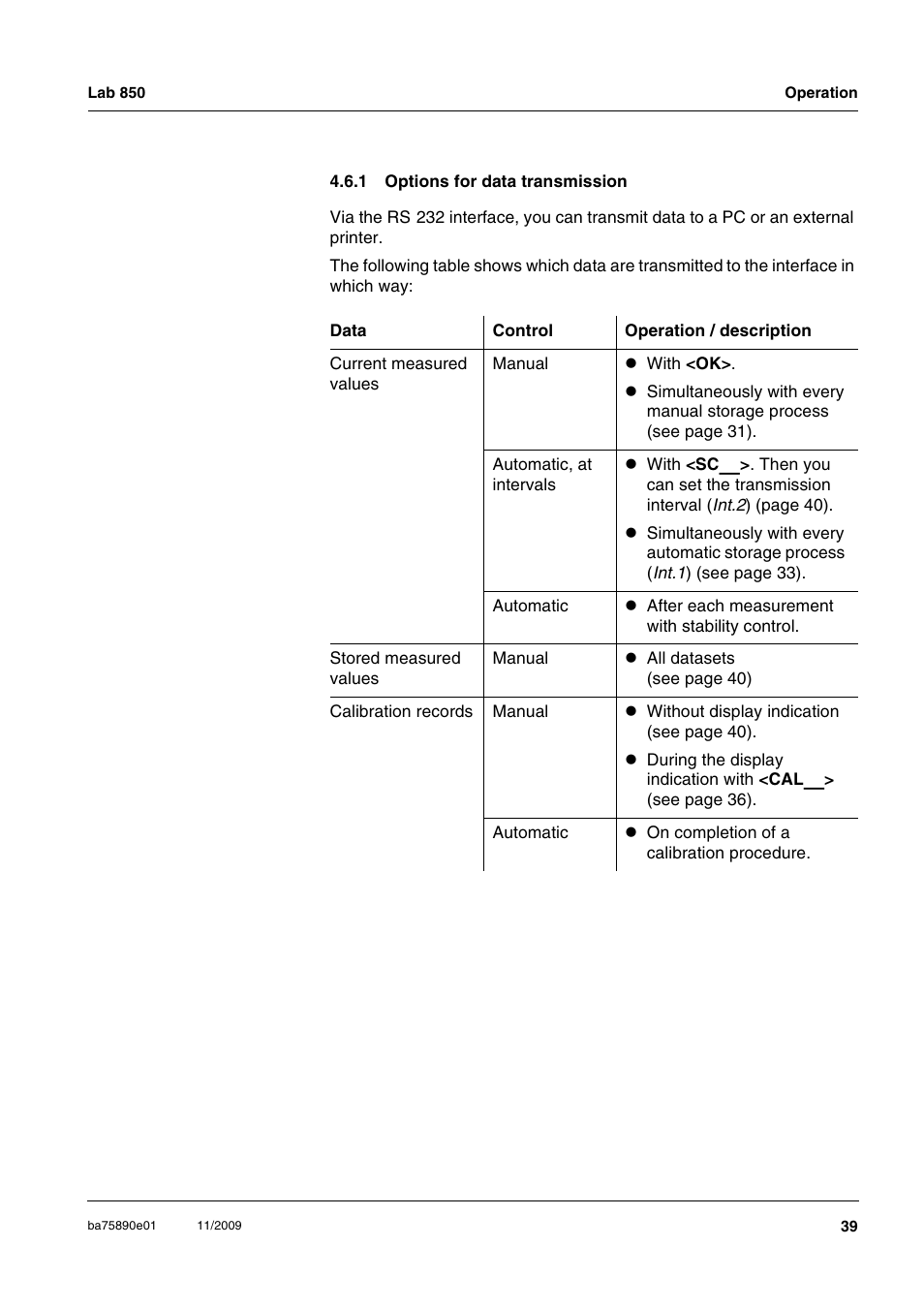 1 options for data transmission, Options for data transmission | Xylem Lab 850, starting from serial number 09470315 User Manual | Page 39 / 73