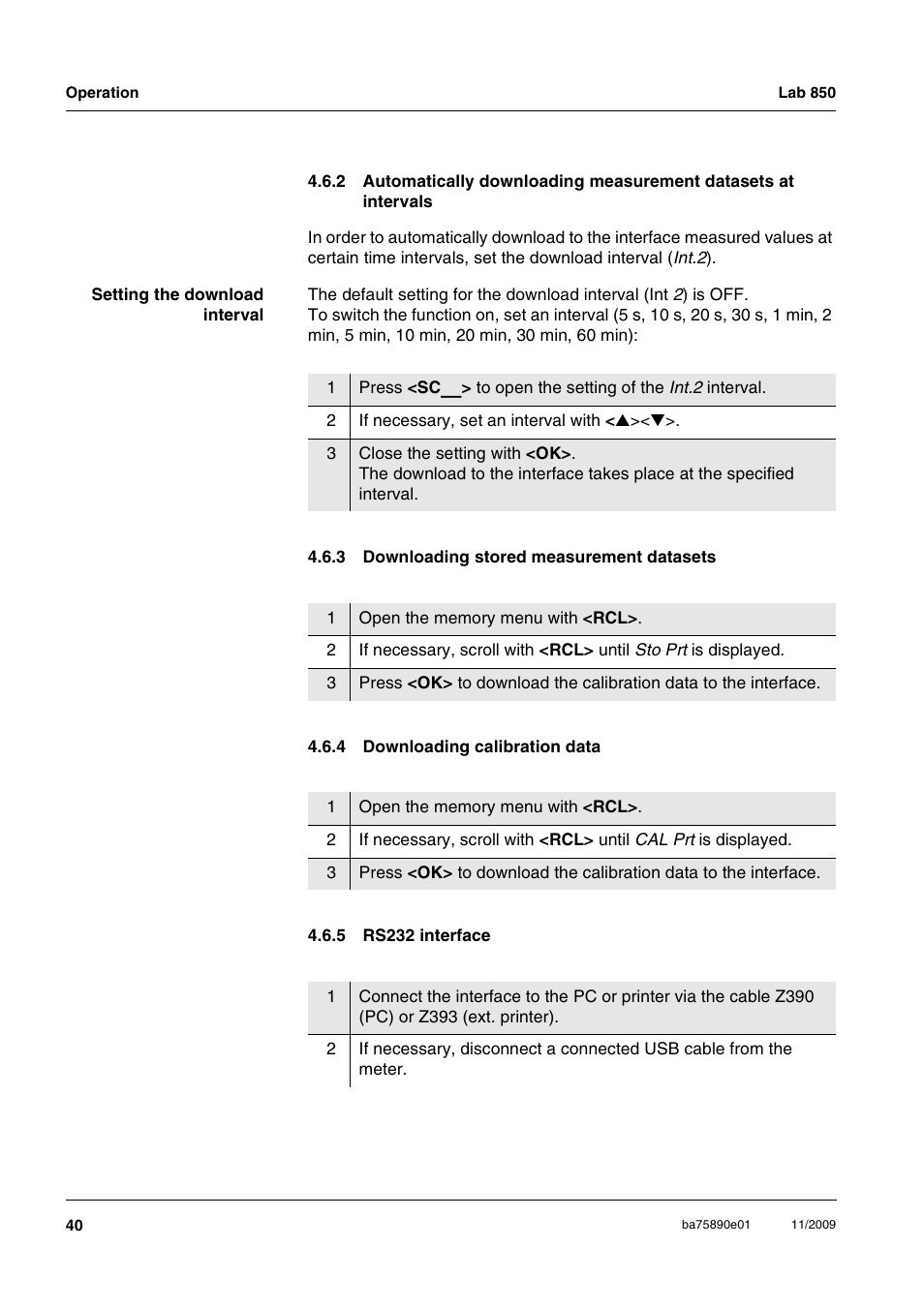 3 downloading stored measurement datasets, 4 downloading calibration data, 5 rs232 interface | Downloading stored measurement datasets, Downloading calibration data, Rs232 interface | Xylem Lab 850, starting from serial number 09470315 User Manual | Page 40 / 73