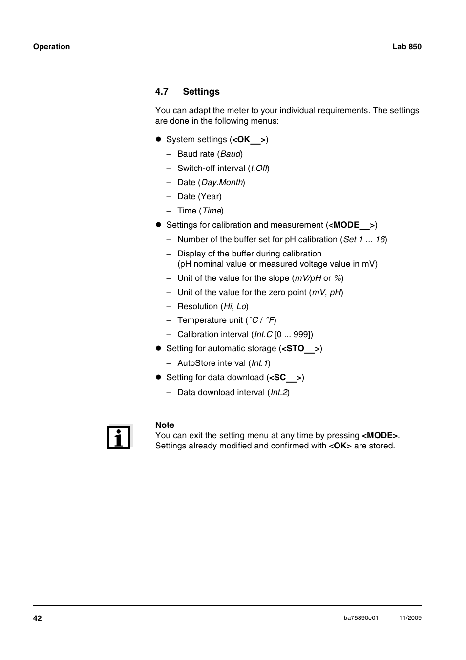 7 settings, Settings | Xylem Lab 850, starting from serial number 09470315 User Manual | Page 42 / 73