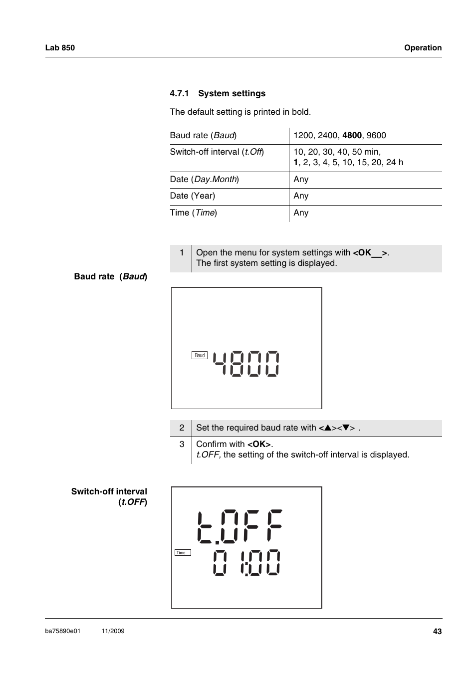 1 system settings, System settings, Fo t | Xylem Lab 850, starting from serial number 09470315 User Manual | Page 43 / 73