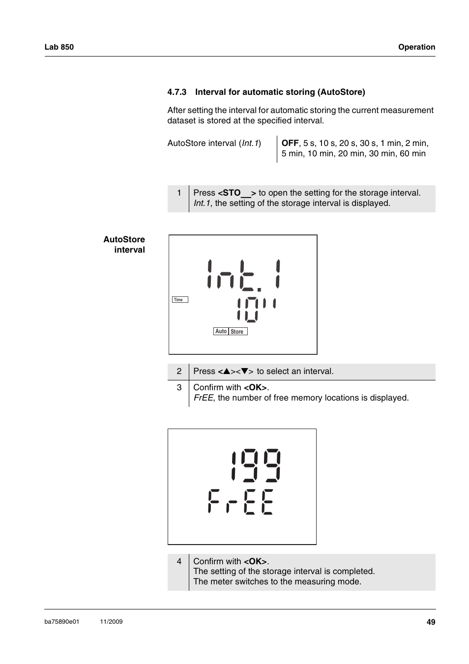 3 interval for automatic storing (autostore), Interval for automatic storing (autostore), 1t n i | 0e e r | Xylem Lab 850, starting from serial number 09470315 User Manual | Page 49 / 73