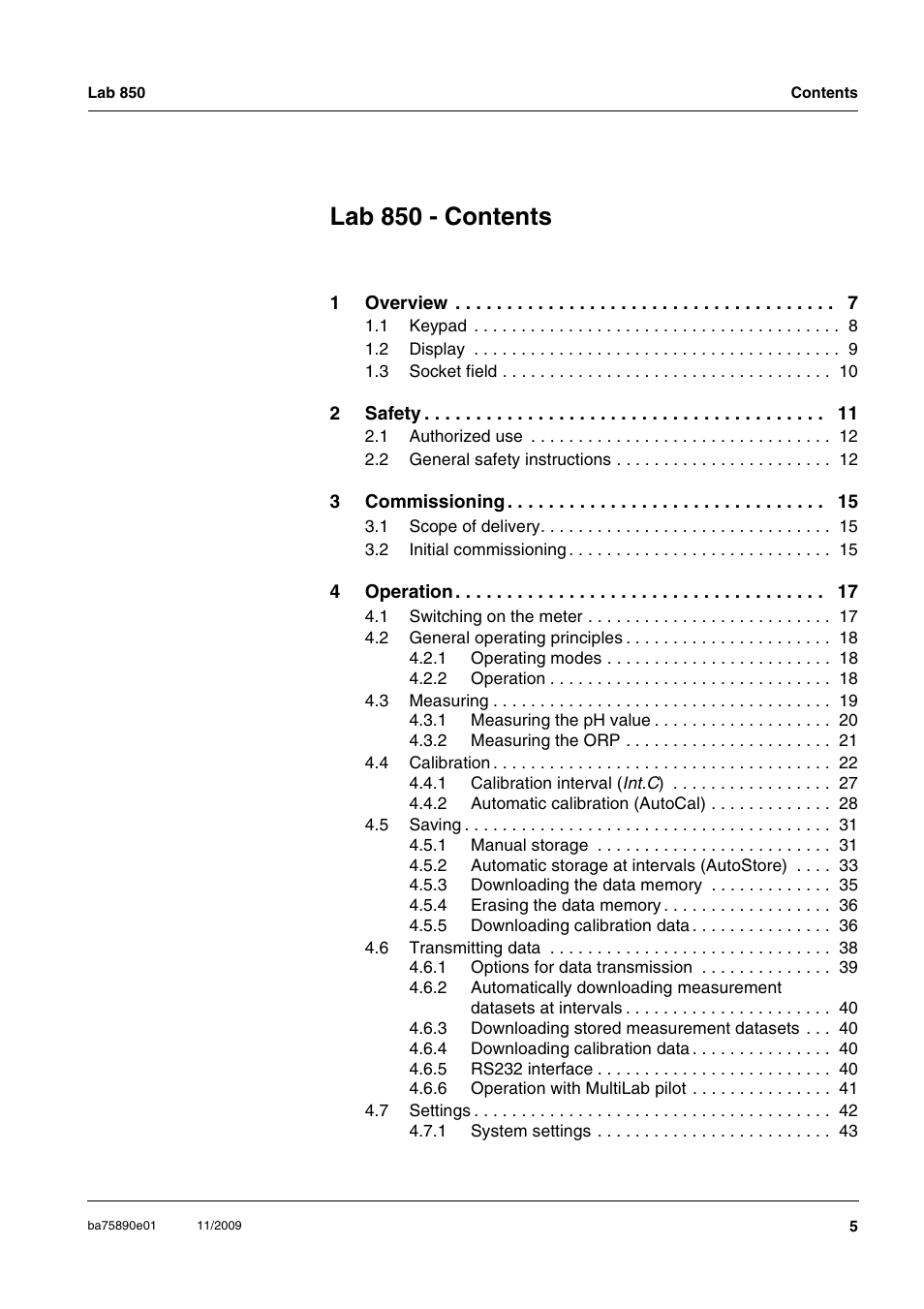 Lab 850 - contents | Xylem Lab 850, starting from serial number 09470315 User Manual | Page 5 / 73