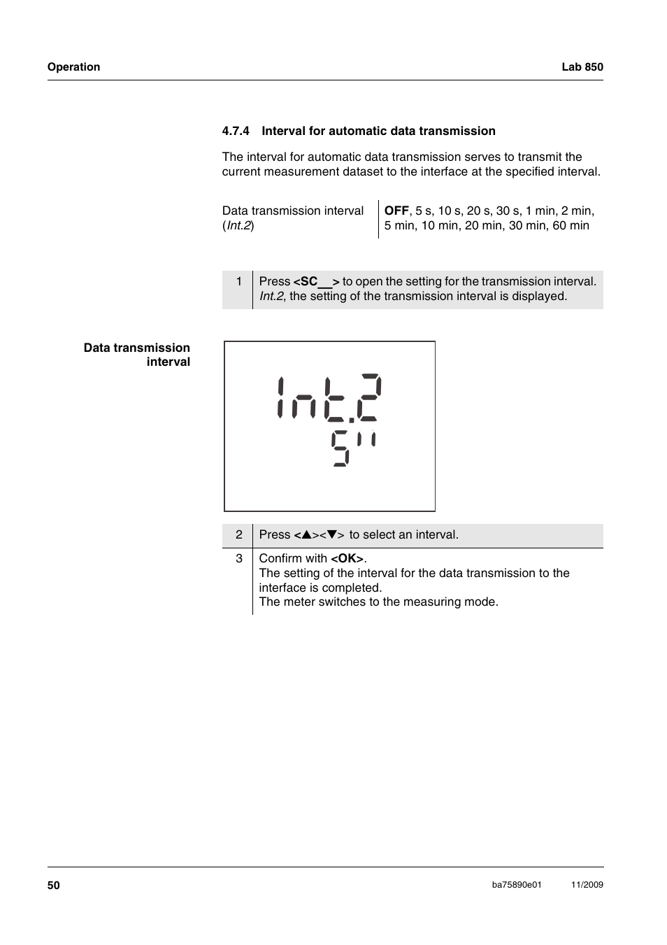 4 interval for automatic data transmission, Interval for automatic data transmission, 2t n i | Xylem Lab 850, starting from serial number 09470315 User Manual | Page 50 / 73