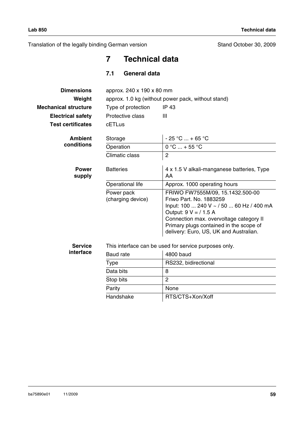 7 technical data, 1 general data, Technical data | General data, Chapter 7 t, Echnical, Data, 7technical data | Xylem Lab 850, starting from serial number 09470315 User Manual | Page 59 / 73