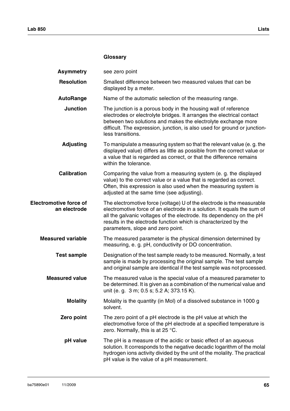 Xylem Lab 850, starting from serial number 09470315 User Manual | Page 65 / 73