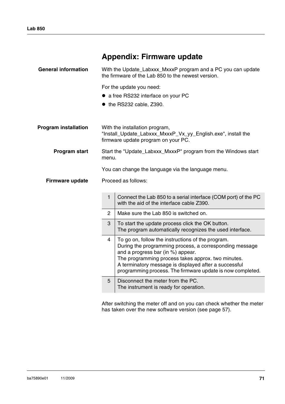 Appendix: firmware update, Firmware update | Xylem Lab 850, starting from serial number 09470315 User Manual | Page 71 / 73