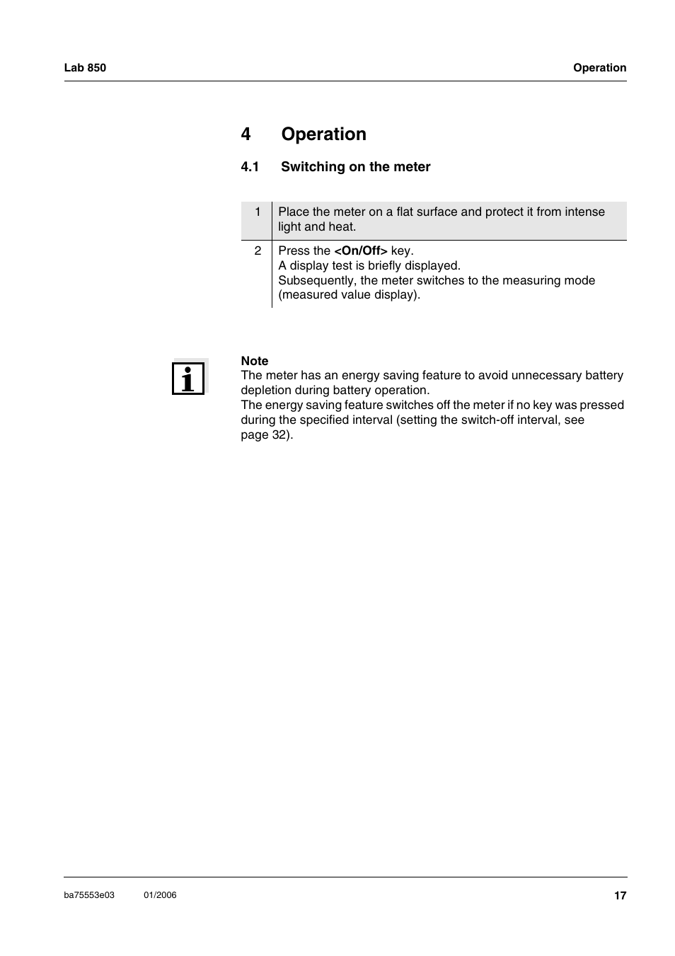 4 operation, 1 switching on the meter, Operation | Switching on the meter, 4operation | Xylem Lab 850, up to serial number 09470314 User Manual | Page 17 / 61