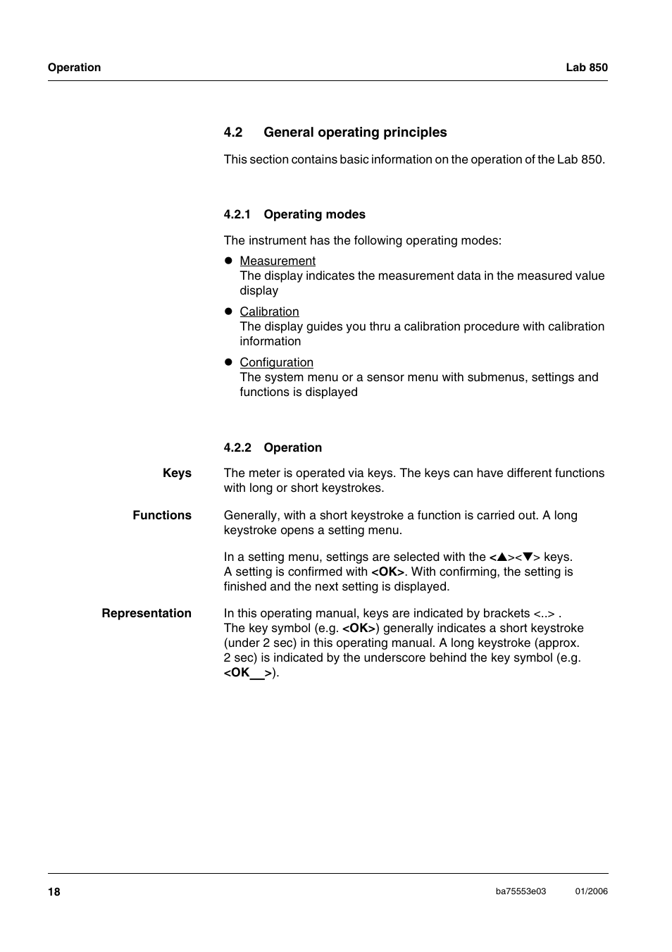 2 general operating principles, 1 operating modes, 2 operation | General operating principles 4.2.1, Operating modes, Operation | Xylem Lab 850, up to serial number 09470314 User Manual | Page 18 / 61