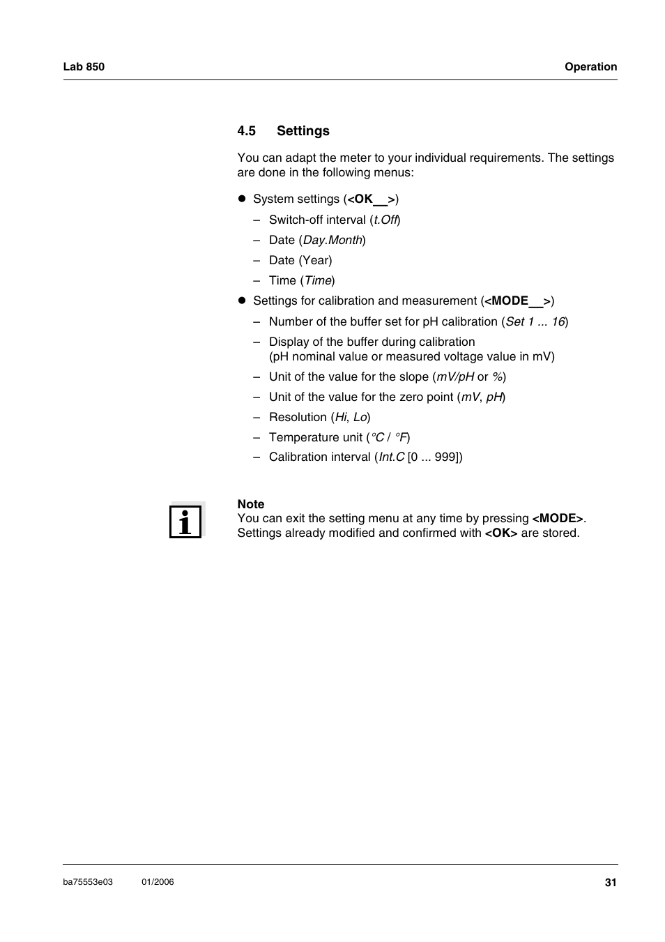 5 settings, Settings | Xylem Lab 850, up to serial number 09470314 User Manual | Page 31 / 61