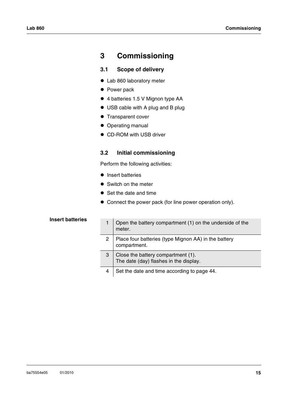 3 commissioning, 1 scope of delivery, 2 initial commissioning | Commissioning, Scope of delivery, Initial commissioning, 3commissioning | Xylem Lab 860 User Manual | Page 15 / 74
