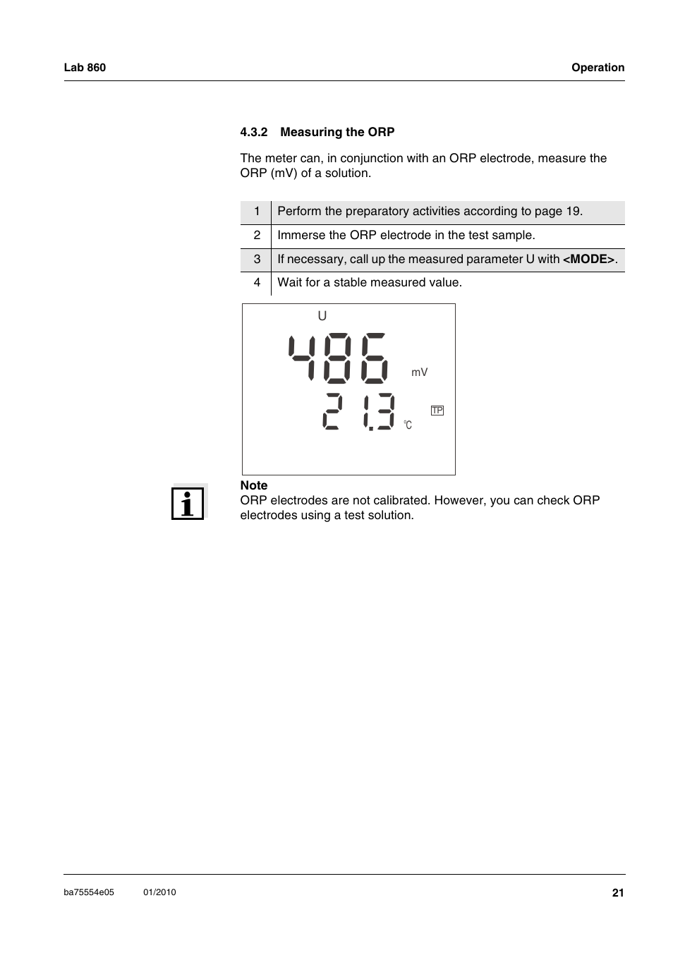 2 measuring the orp, Measuring the orp | Xylem Lab 860 User Manual | Page 21 / 74