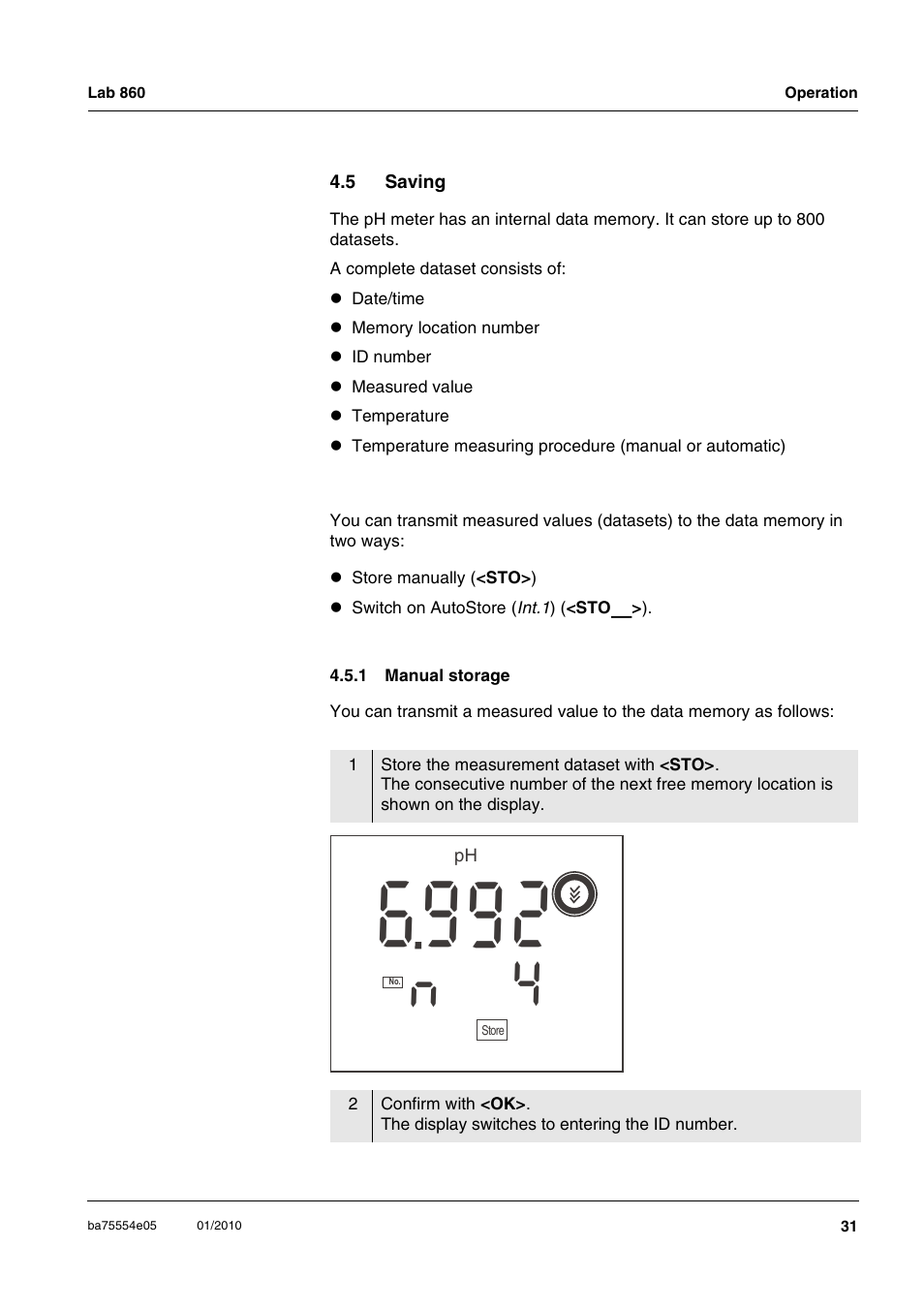 5 saving, 1 manual storage, Saving 4.5.1 | Manual storage | Xylem Lab 860 User Manual | Page 31 / 74