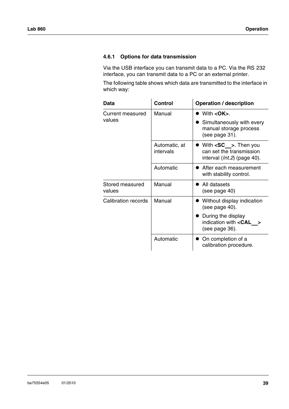 1 options for data transmission, Options for data transmission | Xylem Lab 860 User Manual | Page 39 / 74