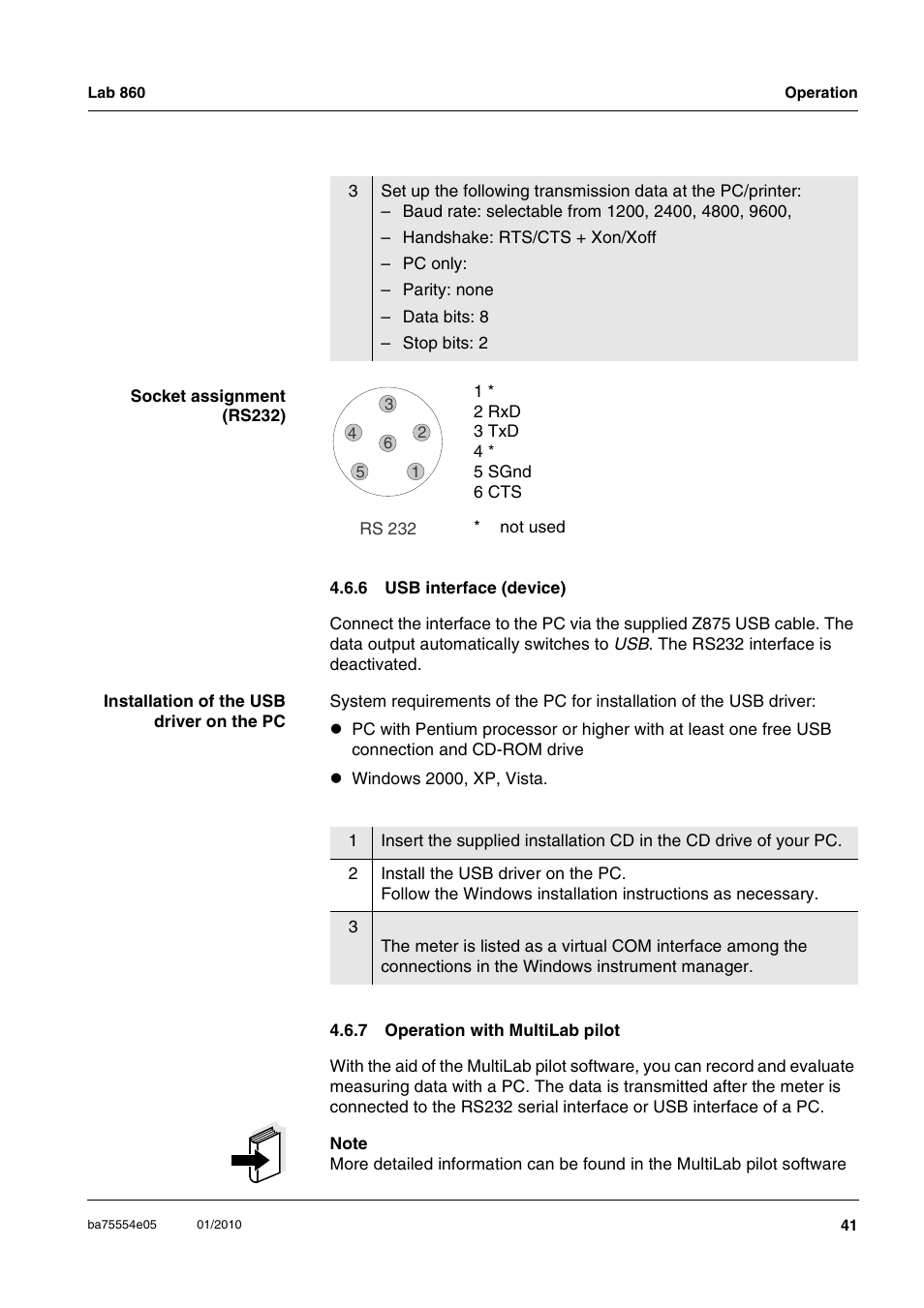 6 usb interface (device), 7 operation with multilab pilot, Usb interface (device) | Operation with multilab pilot | Xylem Lab 860 User Manual | Page 41 / 74