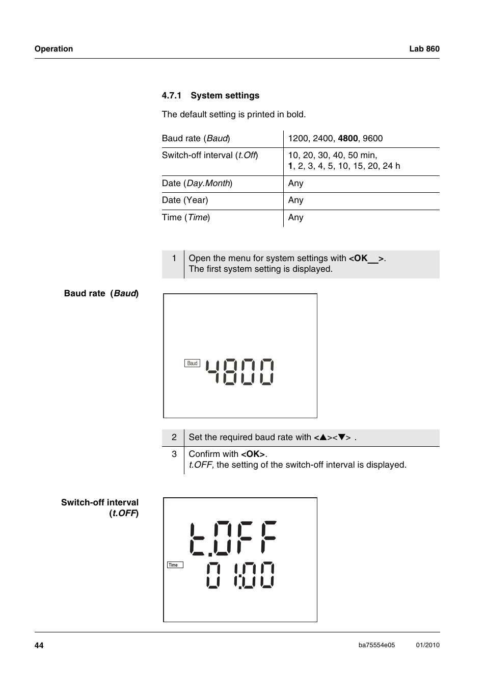 1 system settings, System settings, Fo t | Xylem Lab 860 User Manual | Page 44 / 74