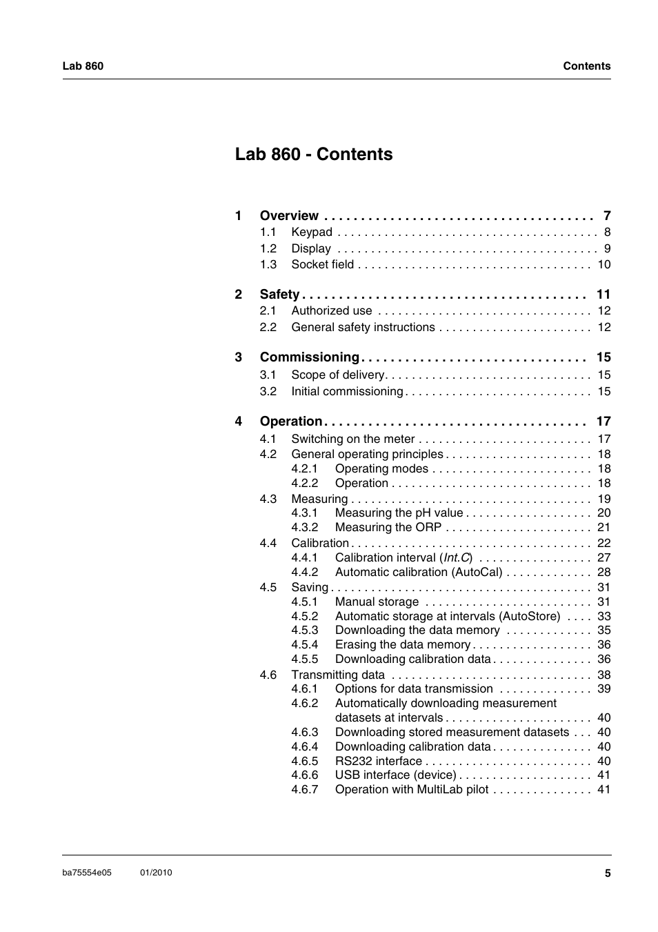 Lab 860 - contents | Xylem Lab 860 User Manual | Page 5 / 74