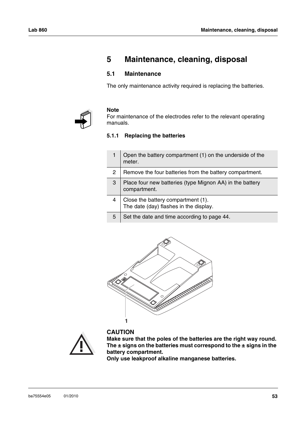 5 maintenance, cleaning, disposal, 1 maintenance, 1 replacing the batteries | Maintenance, cleaning, disposal, Maintenance 5.1.1, Replacing the batteries, 5maintenance, cleaning, disposal | Xylem Lab 860 User Manual | Page 53 / 74