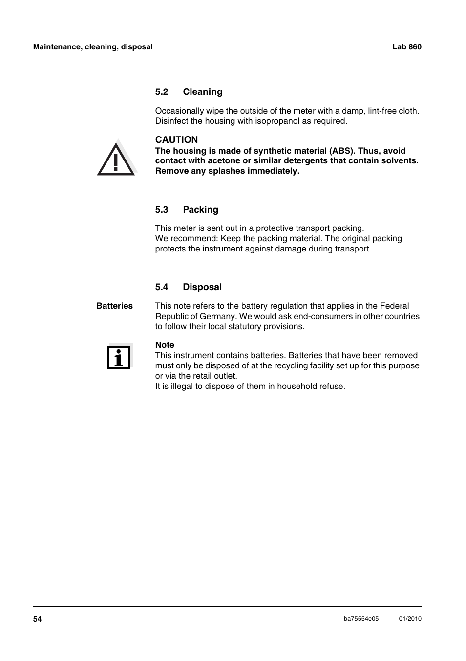 2 cleaning, 3 packing, 4 disposal | Cleaning, Packing, Disposal | Xylem Lab 860 User Manual | Page 54 / 74