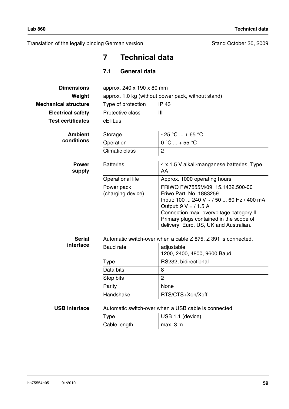 7 technical data, 1 general data, Technical data | General data, Chapter 7 t, Echnical, Data, 7technical data | Xylem Lab 860 User Manual | Page 59 / 74