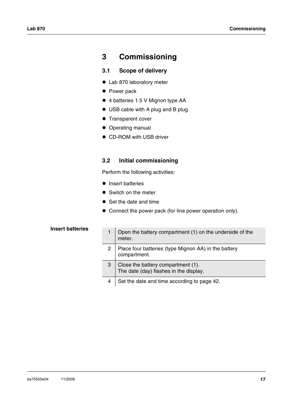 3 commissioning, 1 scope of delivery, 2 initial commissioning | Commissioning, Scope of delivery, Initial commissioning, 3commissioning | Xylem Lab 870 User Manual | Page 17 / 71
