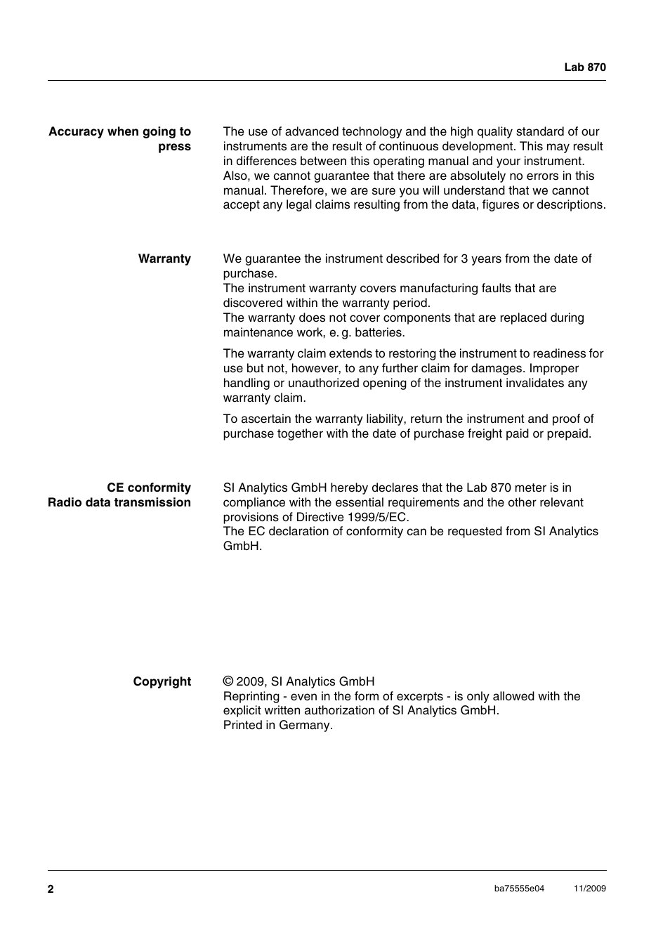 Xylem Lab 870 User Manual | Page 2 / 71