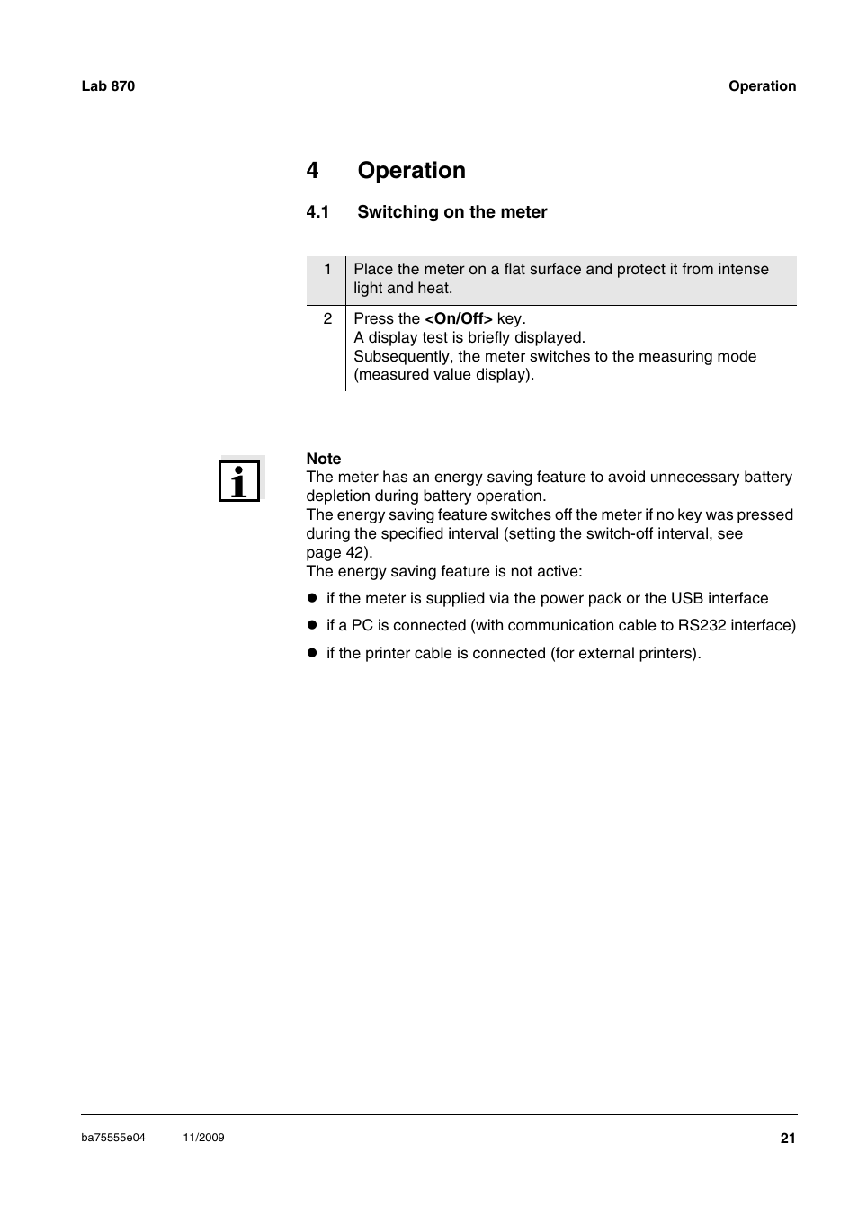 4 operation, 1 switching on the meter, Operation | Switching on the meter, 4operation | Xylem Lab 870 User Manual | Page 21 / 71