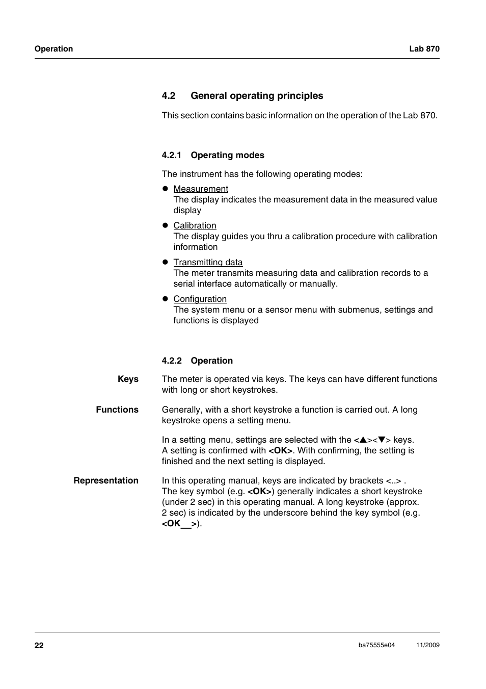 2 general operating principles, 1 operating modes, 2 operation | General operating principles 4.2.1, Operating modes, Operation | Xylem Lab 870 User Manual | Page 22 / 71