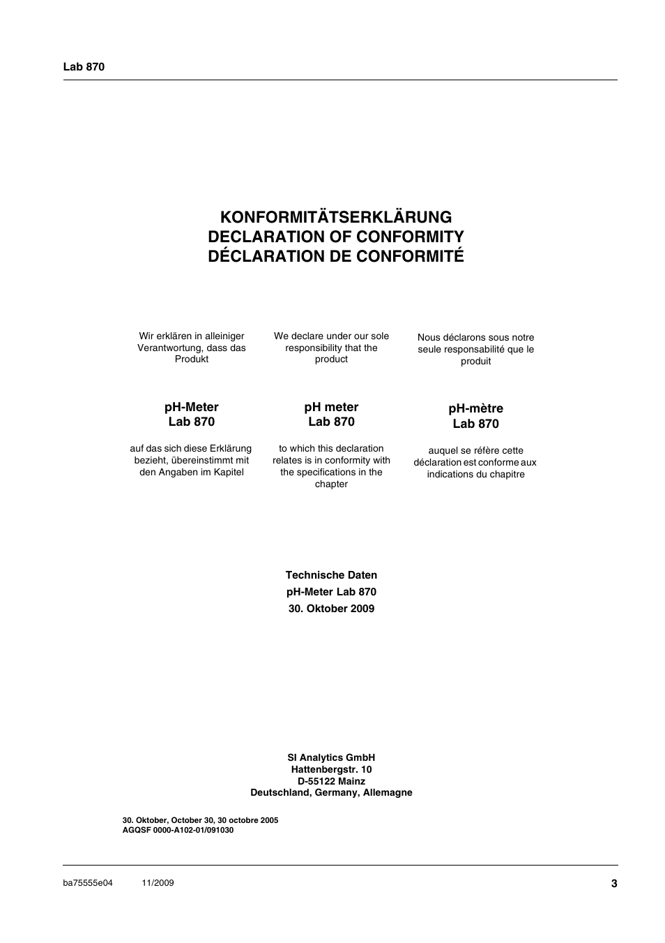 Xylem Lab 870 User Manual | Page 3 / 71