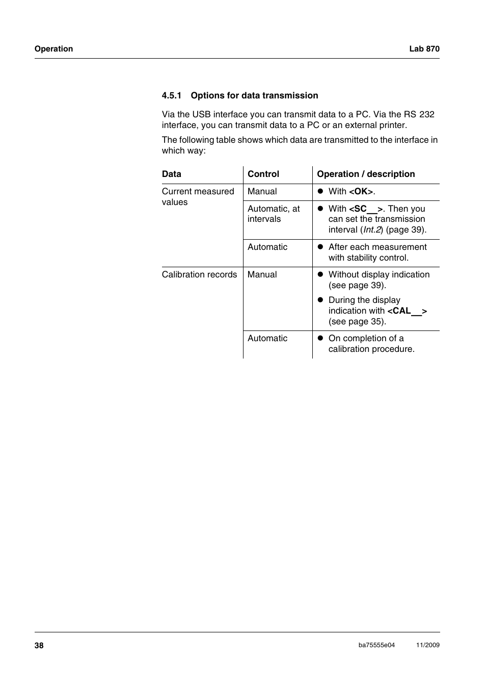 1 options for data transmission, Options for data transmission | Xylem Lab 870 User Manual | Page 38 / 71