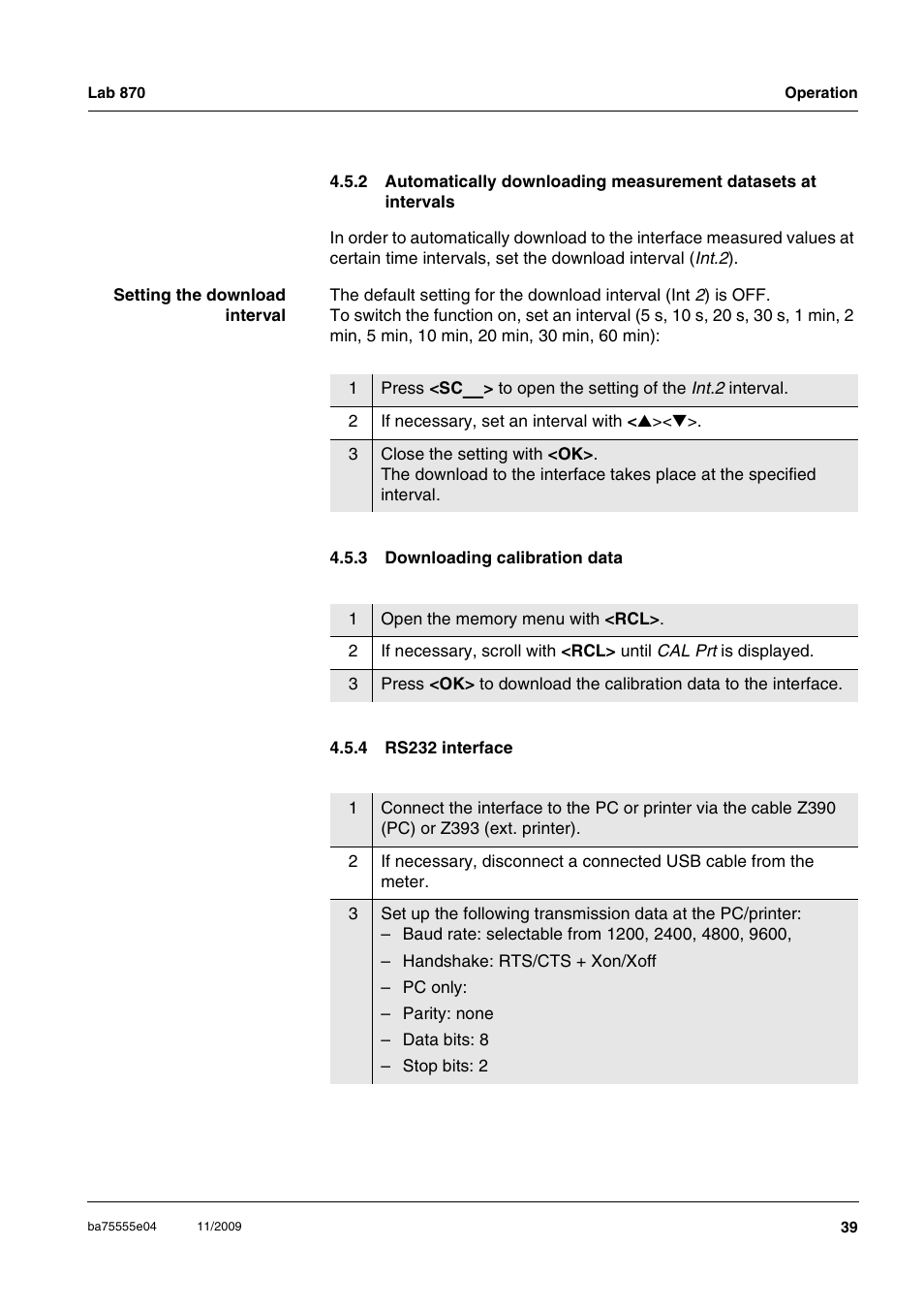 3 downloading calibration data, 4 rs232 interface, Downloading calibration data | Rs232 interface | Xylem Lab 870 User Manual | Page 39 / 71