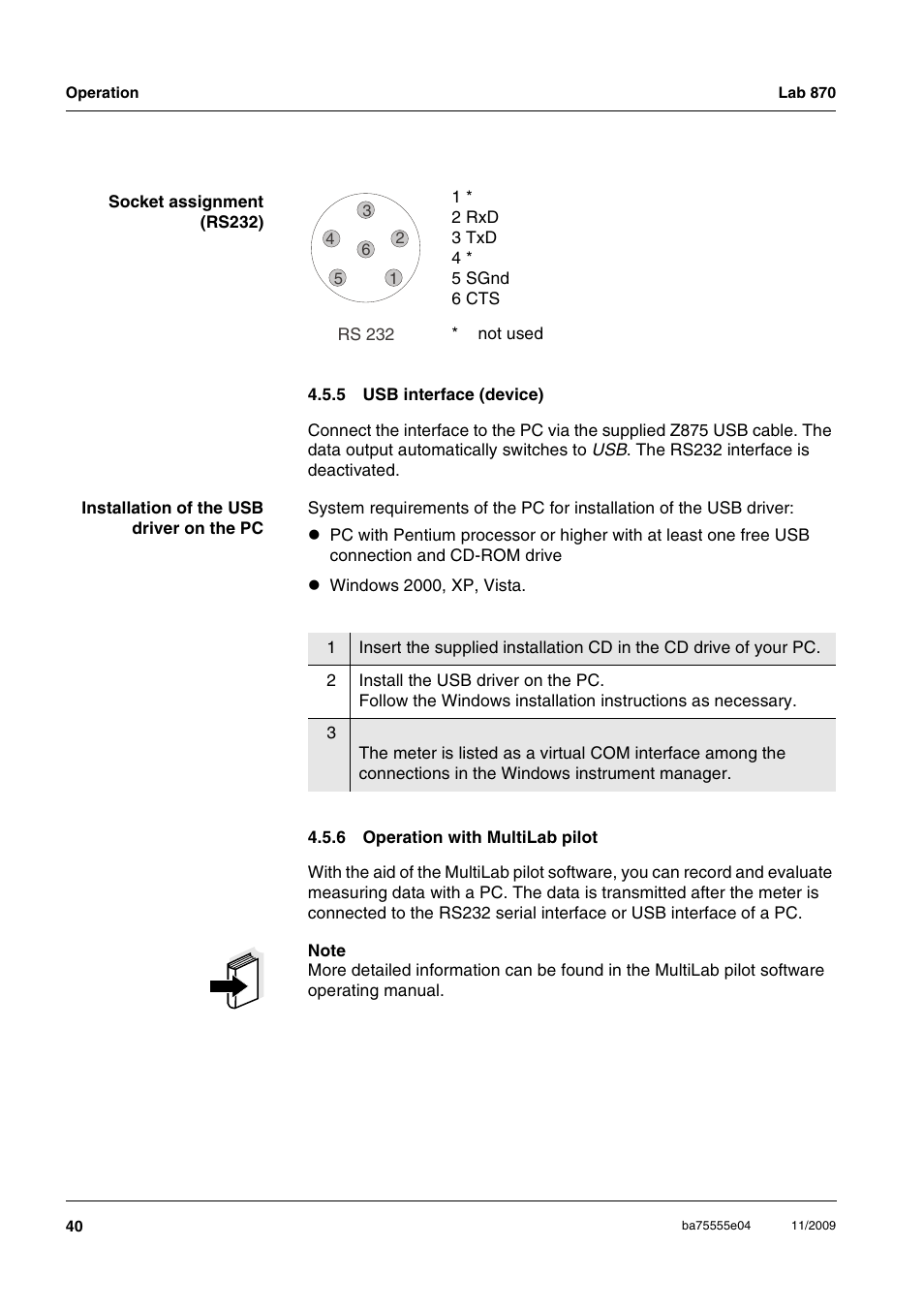 5 usb interface (device), 6 operation with multilab pilot, Usb interface (device) | Operation with multilab pilot | Xylem Lab 870 User Manual | Page 40 / 71