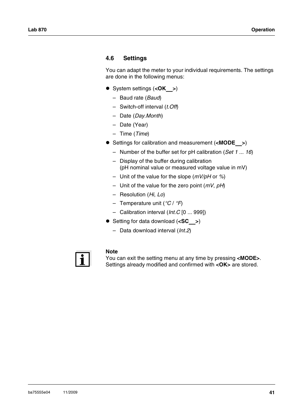 6 settings, Settings | Xylem Lab 870 User Manual | Page 41 / 71