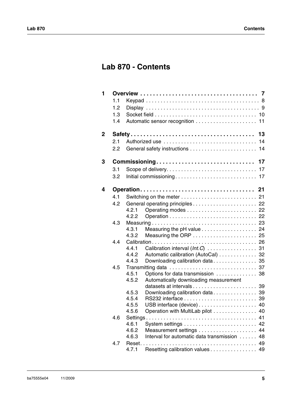 Lab 870 - contents | Xylem Lab 870 User Manual | Page 5 / 71