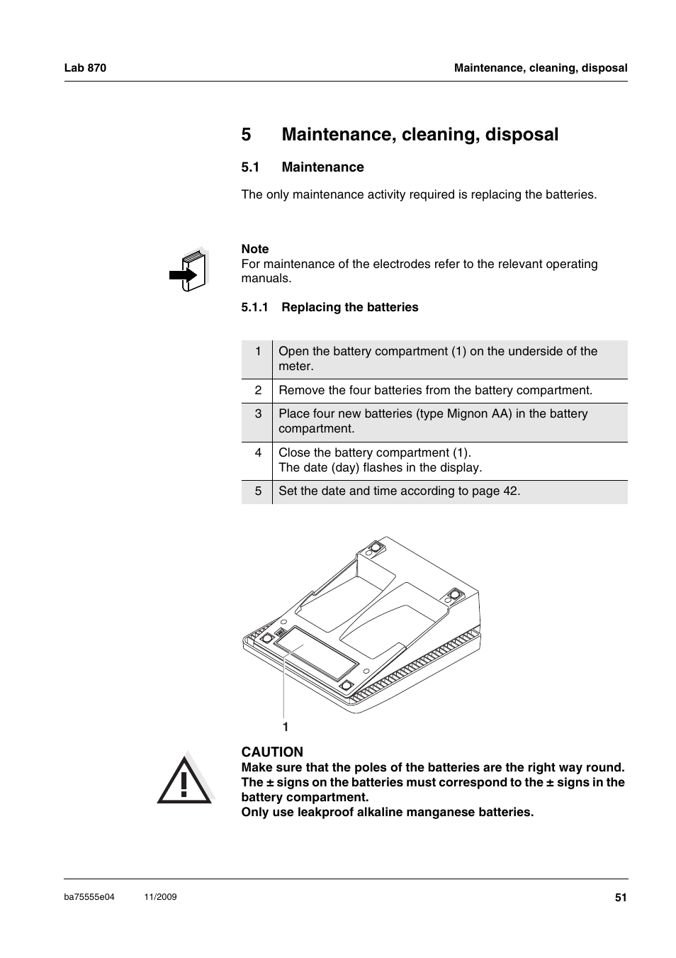 5 maintenance, cleaning, disposal, 1 maintenance, 1 replacing the batteries | Maintenance, cleaning, disposal, Maintenance 5.1.1, Replacing the batteries, 5maintenance, cleaning, disposal | Xylem Lab 870 User Manual | Page 51 / 71