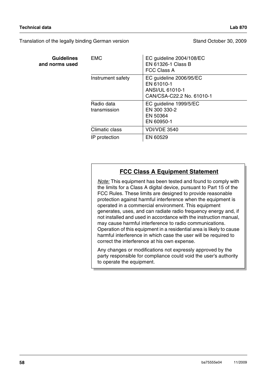 Fcc class a equipment statement | Xylem Lab 870 User Manual | Page 58 / 71