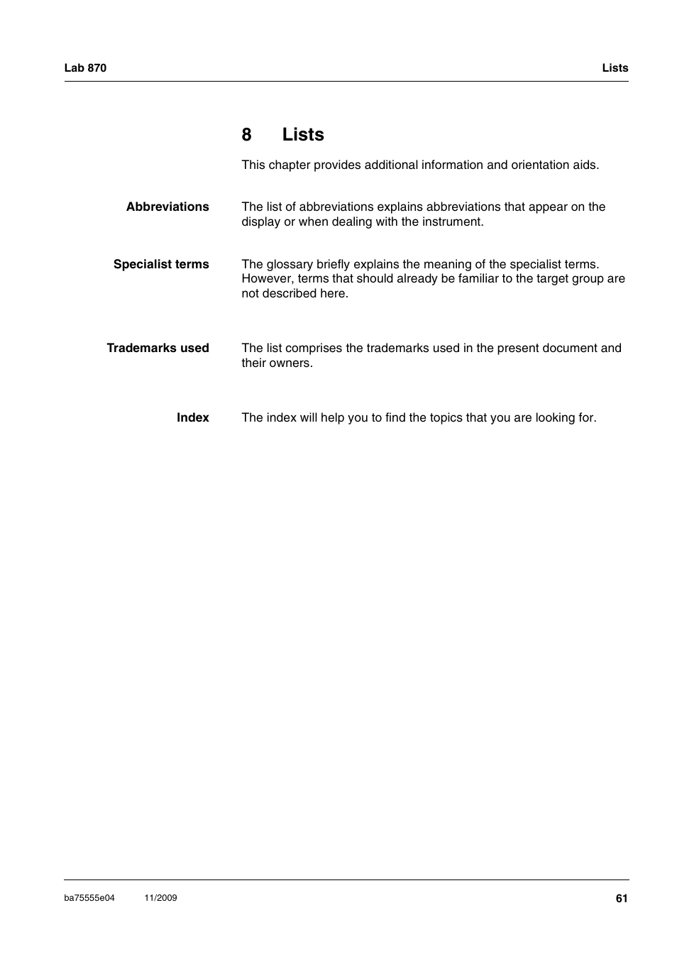 8 lists, Lists, 8lists | Xylem Lab 870 User Manual | Page 61 / 71